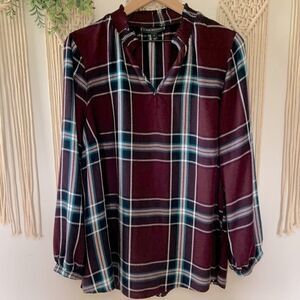 LANE BRYANT Split Neck Plaid 3/4 Sleeve Tunic Top Burgundy Size 18